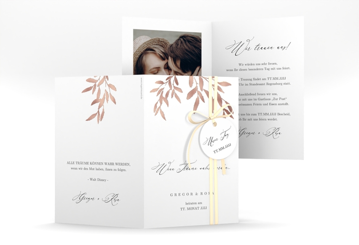 Einladungskarte Hochzeit Demure A6 Klappkarte hoch weiss rosegold