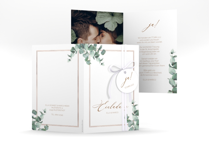 Einladungskarte Hochzeit Eucalypt A6 Klappkarte hoch weiss rosegold mit Eukalyptus und edlem Rahmen
