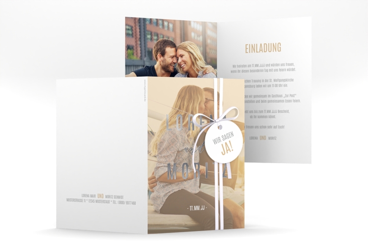 Einladungskarte Hochzeit Memory A6 Klappkarte hoch beige silber