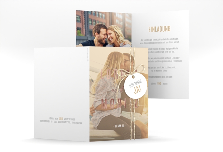 Einladungskarte Hochzeit Memory A6 Klappkarte hoch beige rosegold