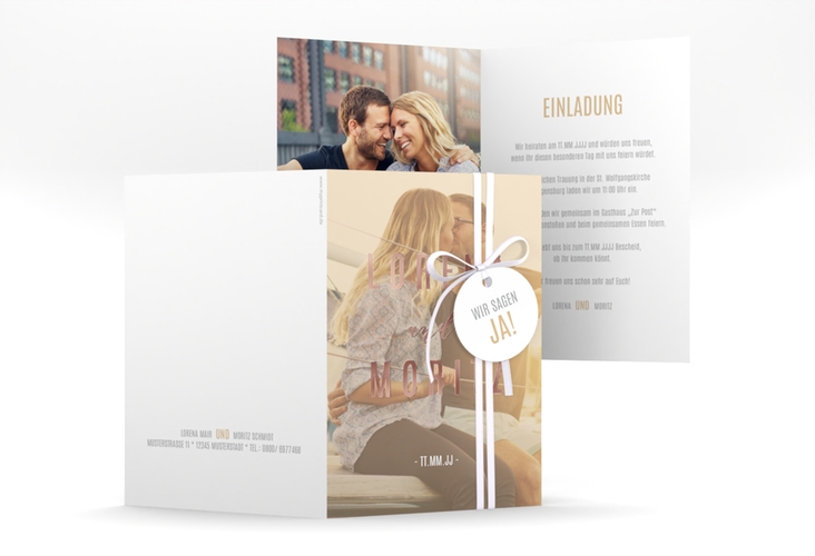 Einladungskarte Hochzeit Memory A6 Klappkarte hoch beige rosegold