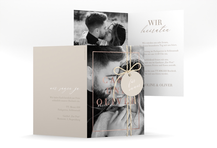 Einladungskarte Hochzeit Moment A6 Klappkarte hoch beige rosegold