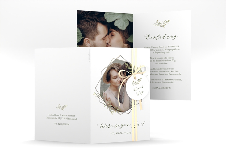 Einladungskarte Hochzeit Acacia A6 Klappkarte hoch weiss silber