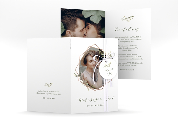 Einladungskarte Hochzeit Acacia A6 Klappkarte hoch weiss rosegold