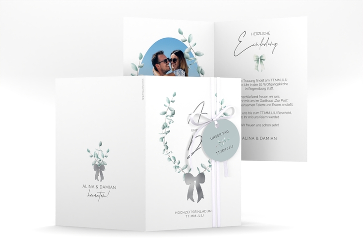 Einladungskarte Hochzeit Eucalypt Bow A6 Klappkarte hoch gruen silber