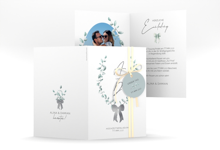 Einladungskarte Hochzeit Eucalypt Bow A6 Klappkarte hoch gruen silber