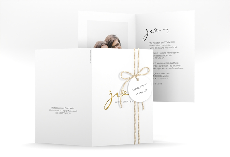 Hochzeitseinladung Jawort A6 Klappkarte hoch weiss gold modern minimalistisch mit veredelter Aufschrift