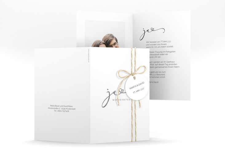 Hochzeitseinladung Jawort A6 Klappkarte hoch weiss silber modern minimalistisch mit veredelter Aufschrift