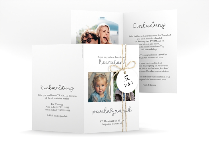 Einladungskarte Hochzeit Kindheitsfotos A6 Klappkarte hoch weiss silber
