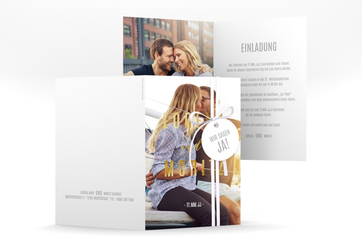 Einladungskarte Hochzeit Memory A6 Klappkarte hoch weiss gold