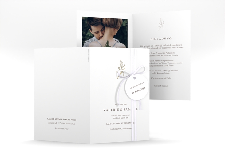 Einladungskarte Hochzeit Ivy A6 Klappkarte hoch weiss gold minimalistisch mit kleiner botanischer Illustration