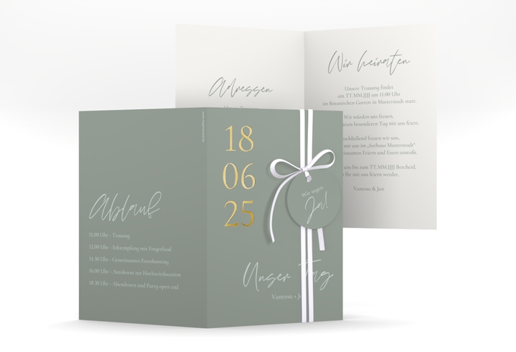 Einladungskarte Hochzeit Day A6 Klappkarte hoch gruen gold mit Datum im minimalistischen Design