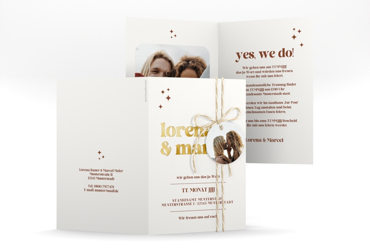 Einladungskarte Hochzeit Retro A6 Klappkarte hoch weiss gold