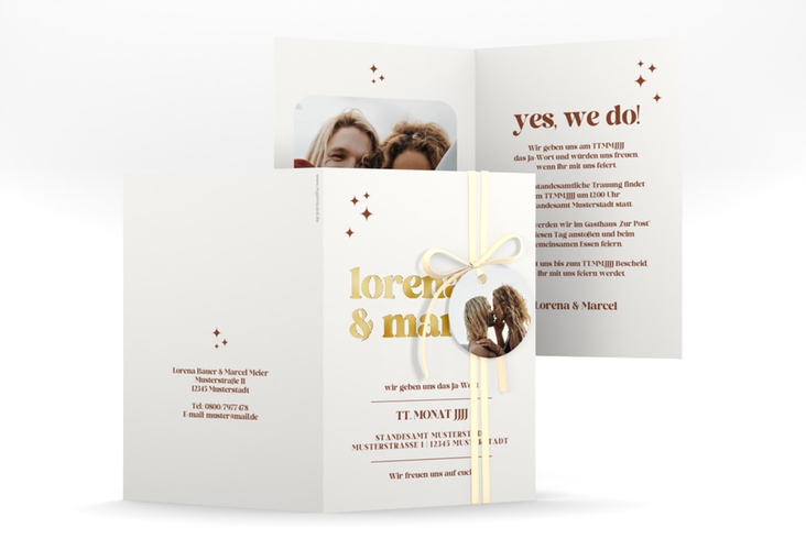 Einladungskarte Hochzeit Retro A6 Klappkarte hoch weiss gold