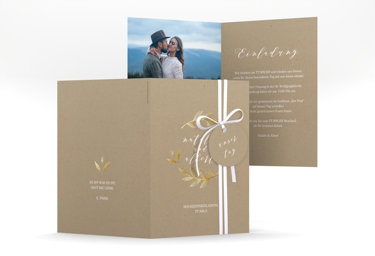 Einladungskarte Hochzeit Naturelove A6 Klappkarte hoch weiss gold