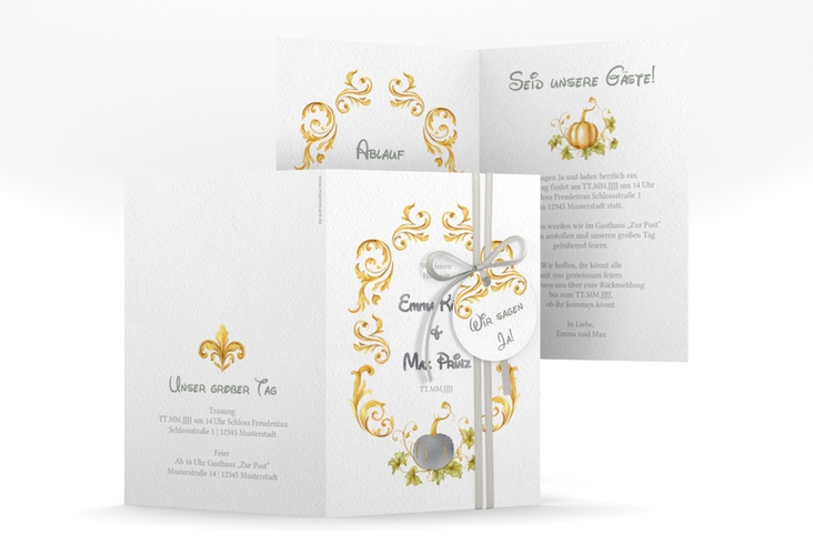 Einladungskarte Hochzeit Märchenhaft A6 Klappkarte hoch gold silber