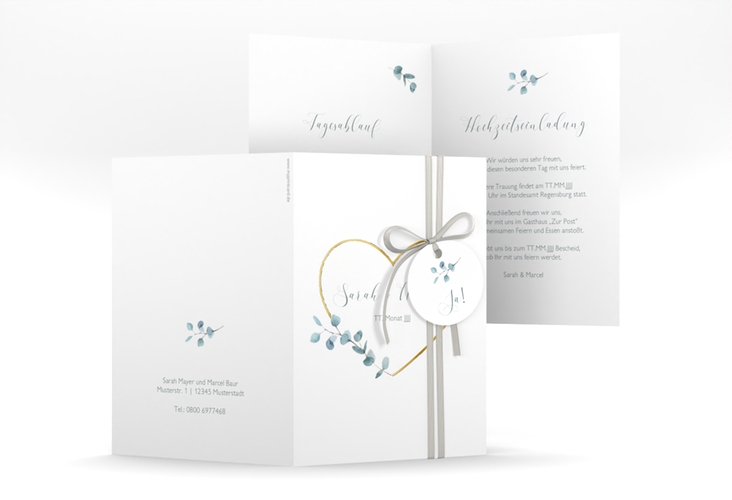 Einladungskarte Hochzeit Greenheart A6 Klappkarte hoch gold gold mit elegantem Herz und Eukalyptus-Zweig