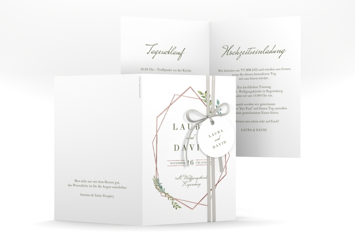 Einladungskarte Hochzeit Herbarium A6 Klappkarte hoch rosa rosegold mit geometrischem Rahmen und Blätter-Dekor