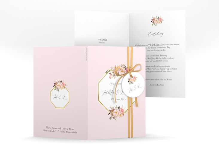 Einladungskarte Hochzeit Prachtvoll A6 Klappkarte hoch rosa gold