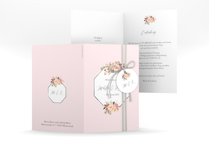 Einladungskarte Hochzeit Prachtvoll A6 Klappkarte hoch rosa silber