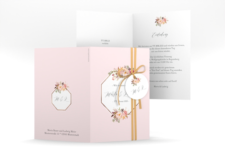 Einladungskarte Hochzeit Prachtvoll A6 Klappkarte hoch rosa rosegold