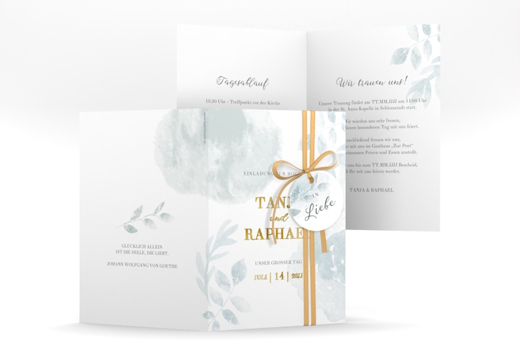 Einladungskarte Hochzeit Blätterdruck A6 Klappkarte hoch mint gold