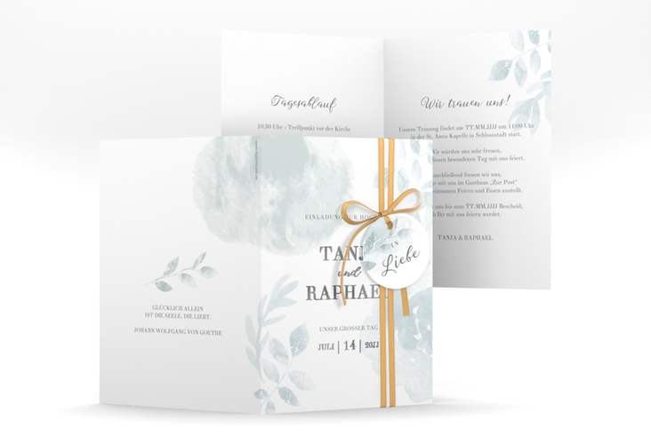 Einladungskarte Hochzeit Blätterdruck A6 Klappkarte hoch mint silber