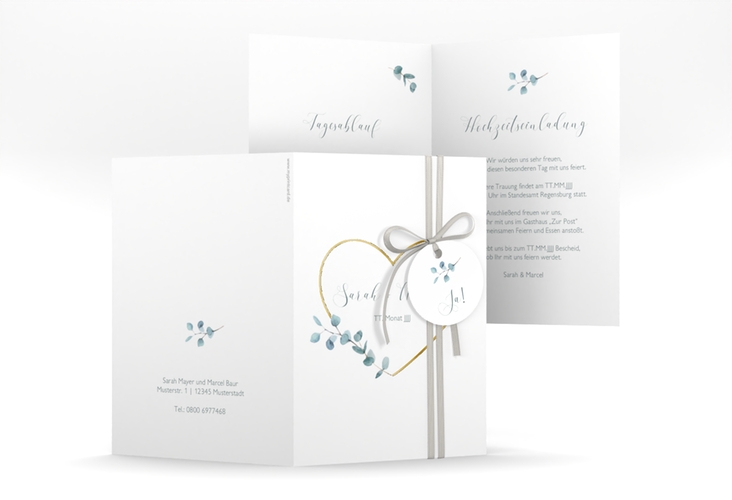 Einladungskarte Hochzeit Greenheart A6 Klappkarte hoch grau gold mit elegantem Herz und Eukalyptus-Zweig