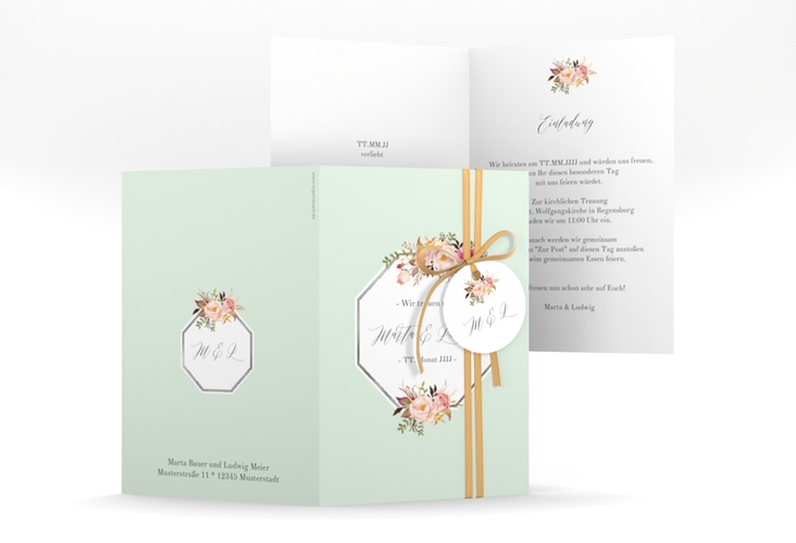 Einladungskarte Hochzeit Prachtvoll A6 Klappkarte hoch mint silber
