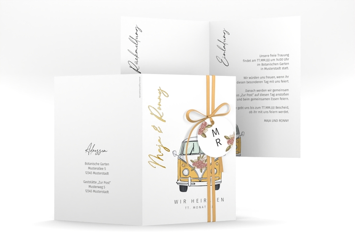 Einladungskarte Hochzeit Hochzeitsbulli A6 Klappkarte hoch gelb gold mit Gräsern und Trockenblumen für Boho-Hochzeit