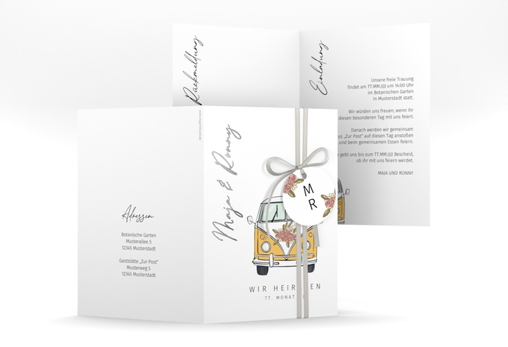 Einladungskarte Hochzeit Hochzeitsbulli A6 Klappkarte hoch gelb silber mit Gräsern und Trockenblumen für Boho-Hochzeit