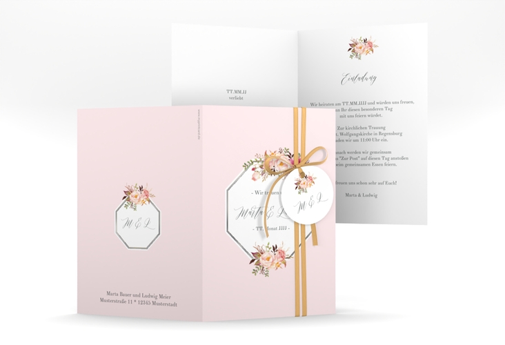 Einladungskarte Hochzeit Prachtvoll A6 Klappkarte hoch rosa silber