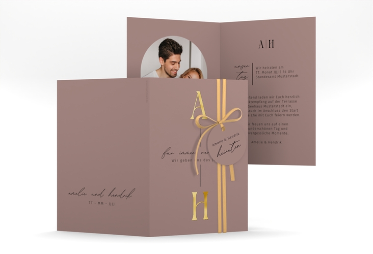 Einladungskarte Hochzeit Lebensbund A6 Klappkarte hoch rosa gold mit veredelbaren Initialen