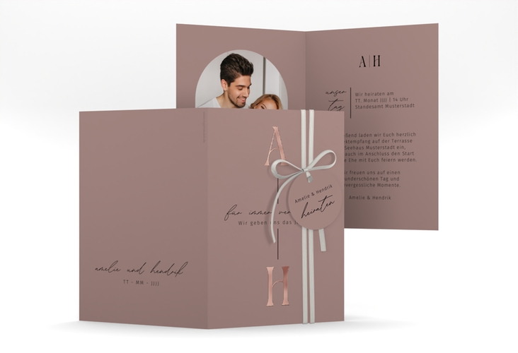 Einladungskarte Hochzeit Lebensbund A6 Klappkarte hoch rosa rosegold mit veredelbaren Initialen