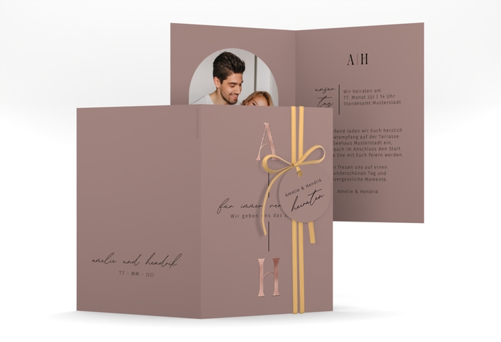 Einladungskarte Hochzeit Lebensbund A6 Klappkarte hoch rosa rosegold mit veredelbaren Initialen