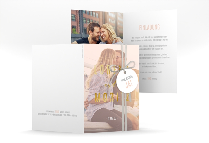 Einladungskarte Hochzeit Memory A6 Klappkarte hoch rosa gold
