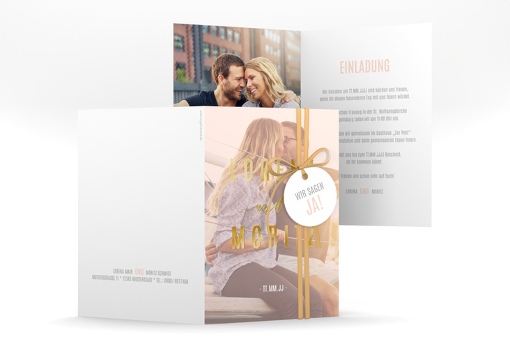 Einladungskarte Hochzeit Memory A6 Klappkarte hoch rosa gold