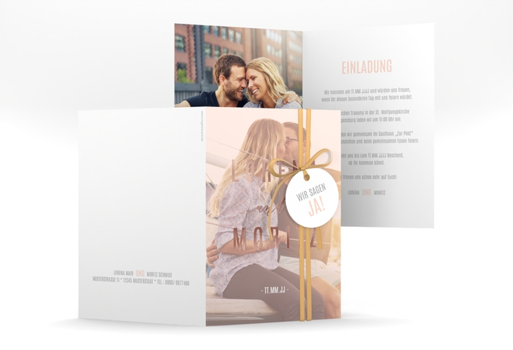 Einladungskarte Hochzeit Memory A6 Klappkarte hoch rosa rosegold