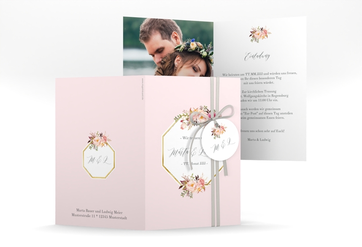Einladungskarte Hochzeit Prachtvoll A6 Klappkarte hoch rosa gold