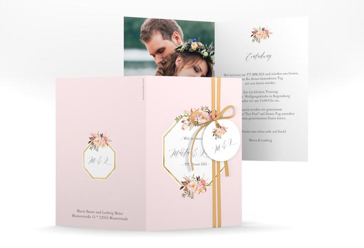 Einladungskarte Hochzeit Prachtvoll A6 Klappkarte hoch rosa gold