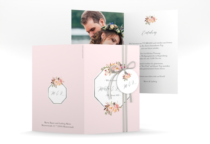 Einladungskarte Hochzeit Prachtvoll A6 Klappkarte hoch rosa silber