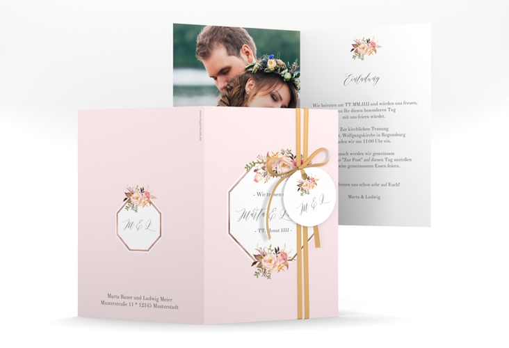 Einladungskarte Hochzeit Prachtvoll A6 Klappkarte hoch rosa rosegold