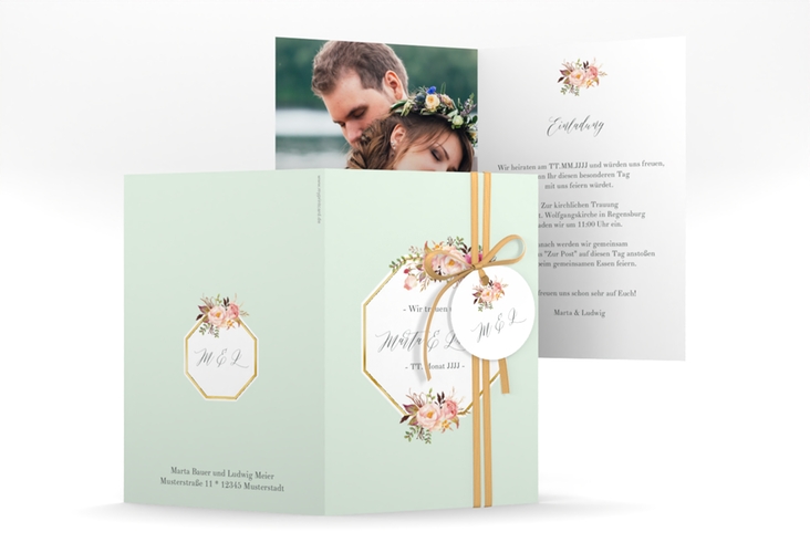 Einladungskarte Hochzeit Prachtvoll A6 Klappkarte hoch mint gold