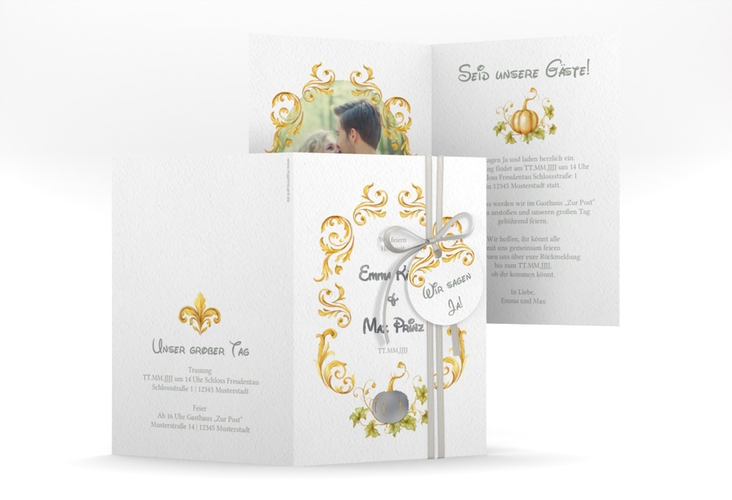 Einladungskarte Hochzeit Märchenhaft A6 Klappkarte hoch gold silber