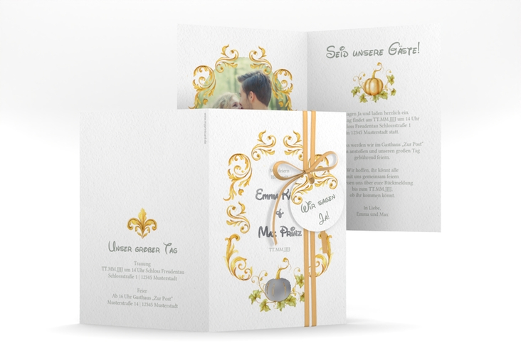 Einladungskarte Hochzeit Märchenhaft A6 Klappkarte hoch gold silber