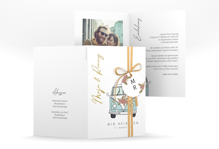Einladungskarte Hochzeit Hochzeitsbulli A6 Klappkarte hoch blau gold mit Gräsern und Trockenblumen für Boho-Hochzeit