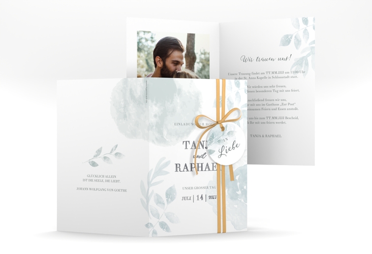 Einladungskarte Hochzeit Blätterdruck A6 Klappkarte hoch mint silber