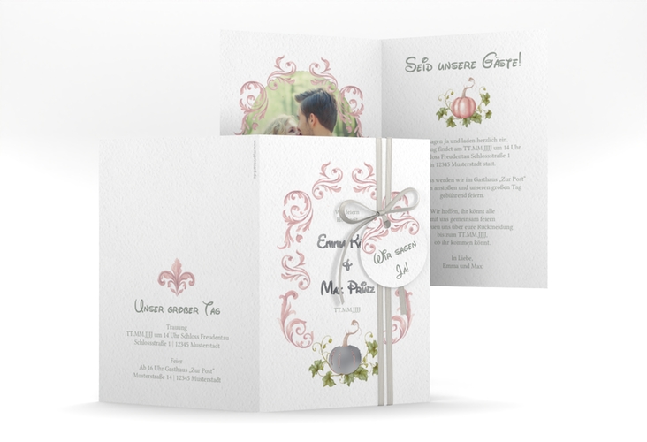 Einladungskarte Hochzeit Märchenhaft A6 Klappkarte hoch rosa silber