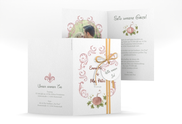 Einladungskarte Hochzeit Märchenhaft A6 Klappkarte hoch rosa rosegold