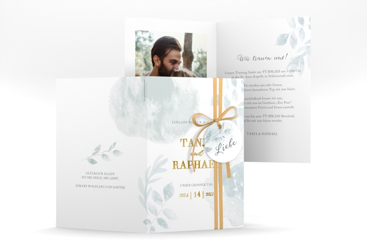 Einladungskarte Hochzeit Blätterdruck A6 Klappkarte hoch mint gold